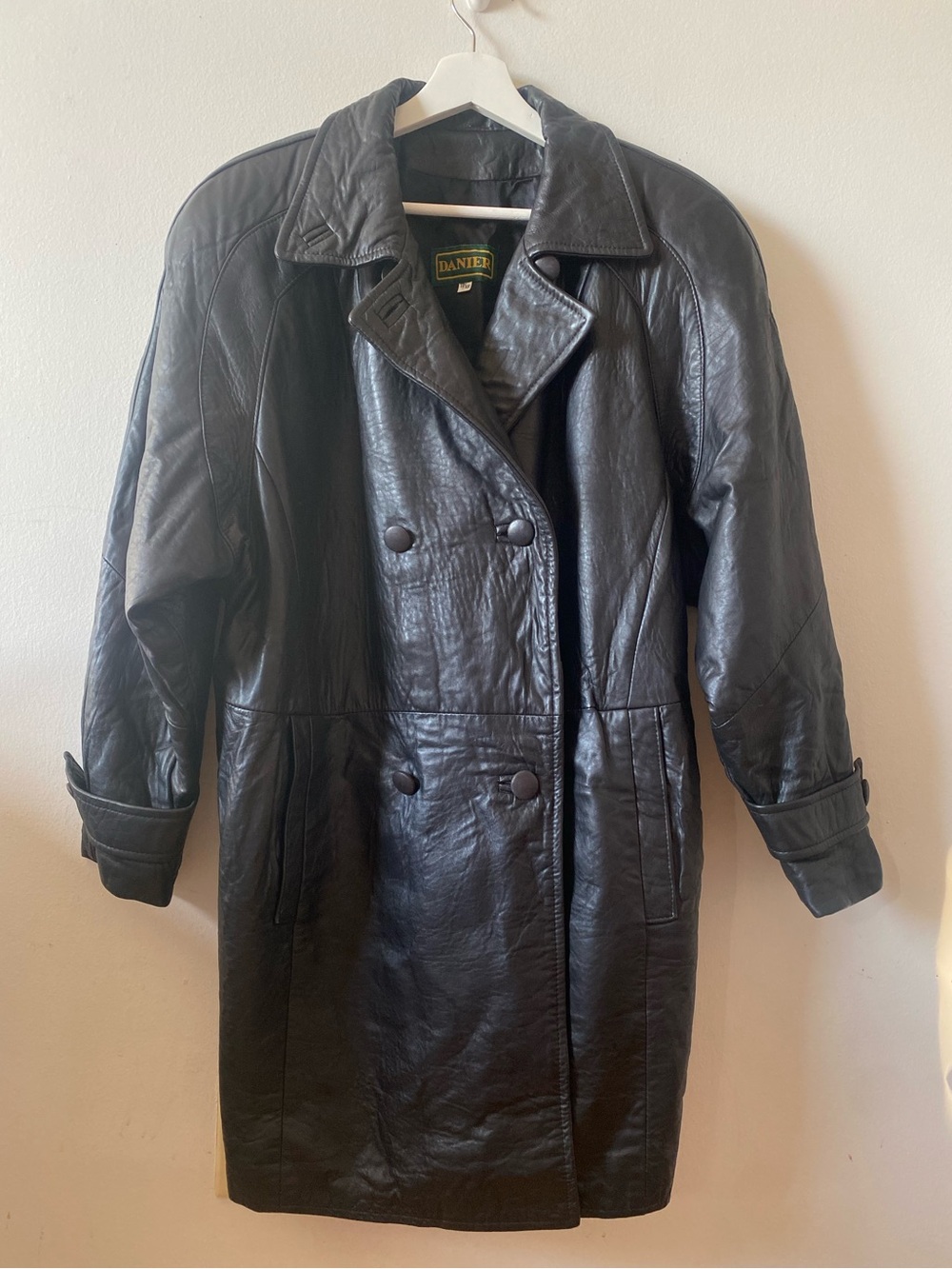 Vibtage 90s Danier Black Leather Double Breasted Trench Coat - XS OVERSIZED 🖤
